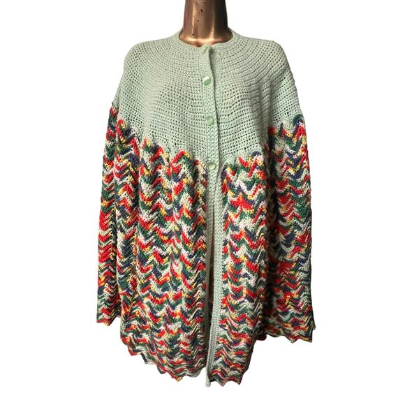 Vintage Crocheted Shawl sweater, handmade, button front, chevron pattern - Picture 1 of 3